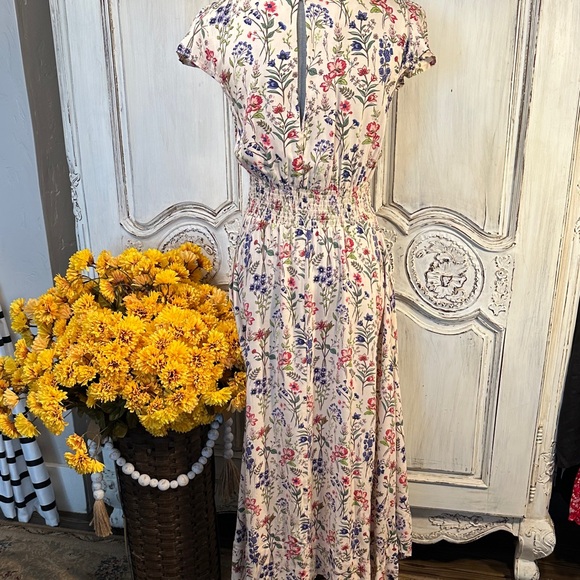 Angie Floral V-Neck Cap Sleeve Smocked Waist Maxi Dress Cottage Prairie Boho - Picture 6 of 9